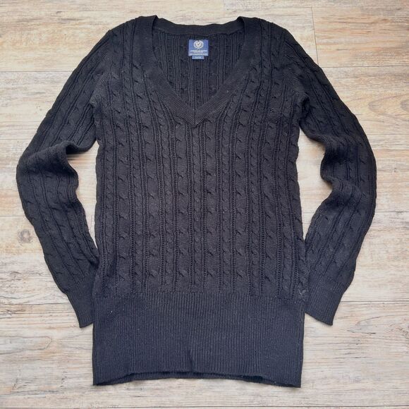 American Eagle Outfitters Sweaters - Y2K American Eagle Cable Knit Sweater Medium Black Fitted V Neck Preppy Vintage
